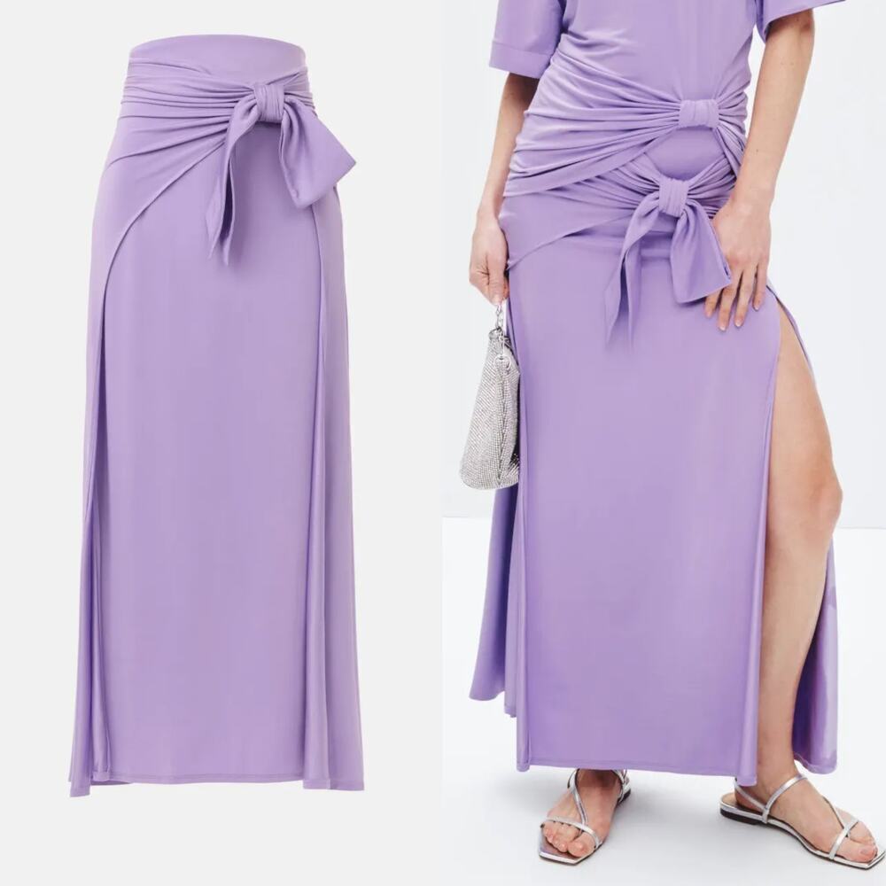 Rabanne Jupe Slip Skirt Gathered Draped Wrap Front Tie Side Slit Maxi Purple 2